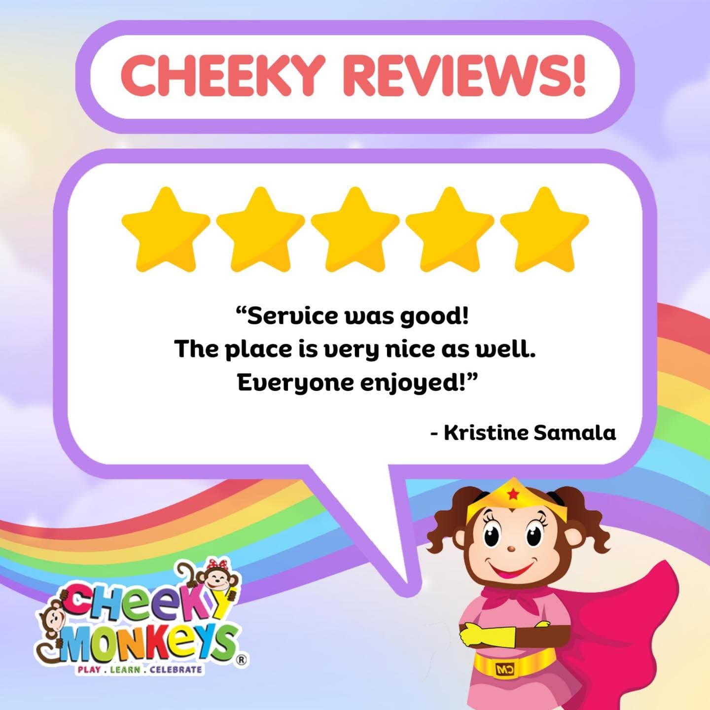 Cheeky Reviews card: a five-star review from Kristine Samala