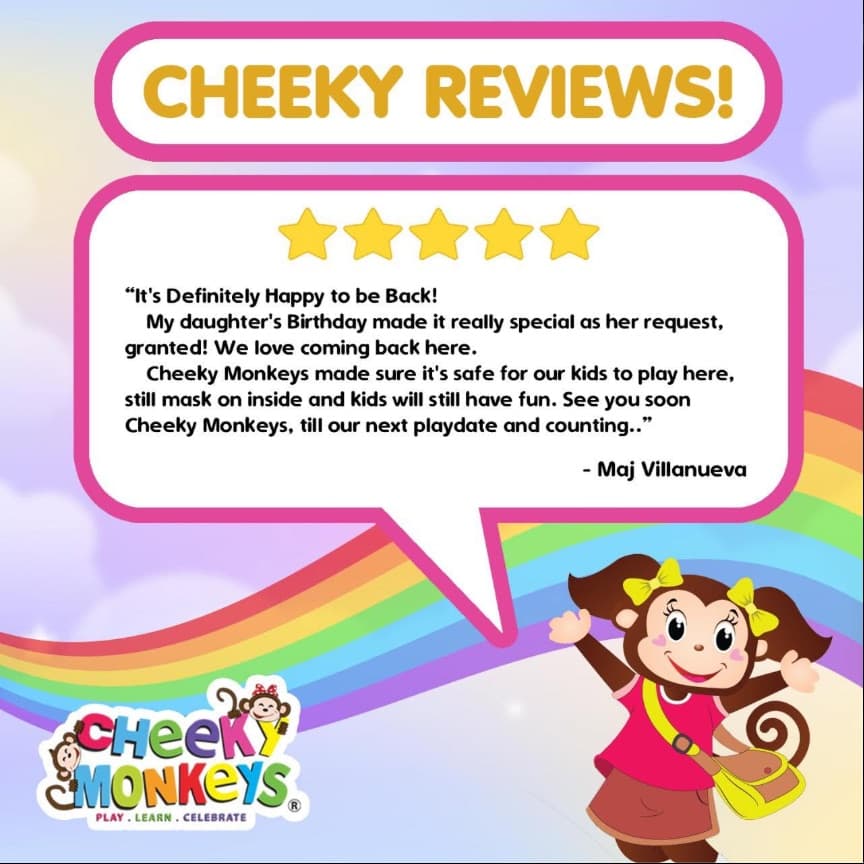 Cheeky Reviews card: a five-star review from Maj Villanueva