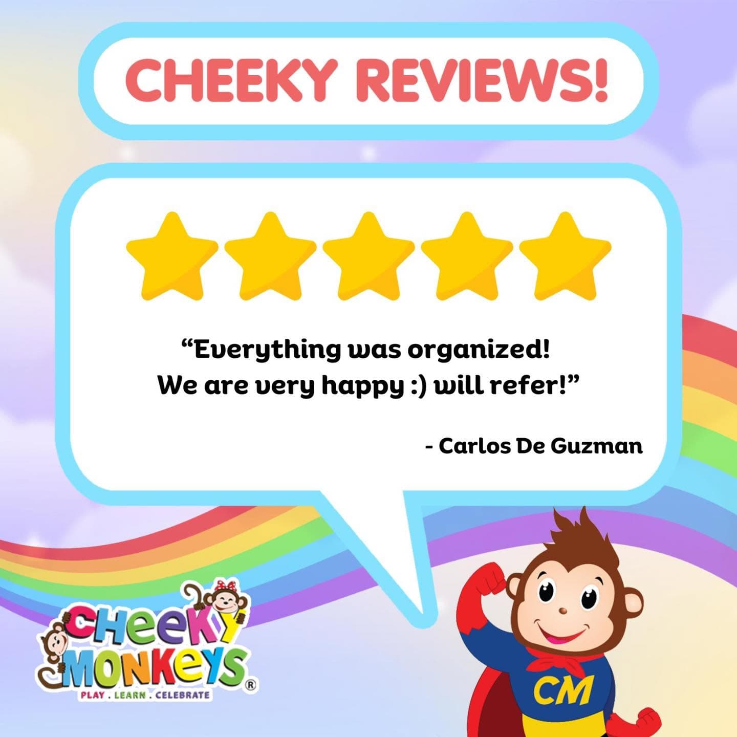 Cheeky Reviews card: a five-star review from Carlos De Guzman