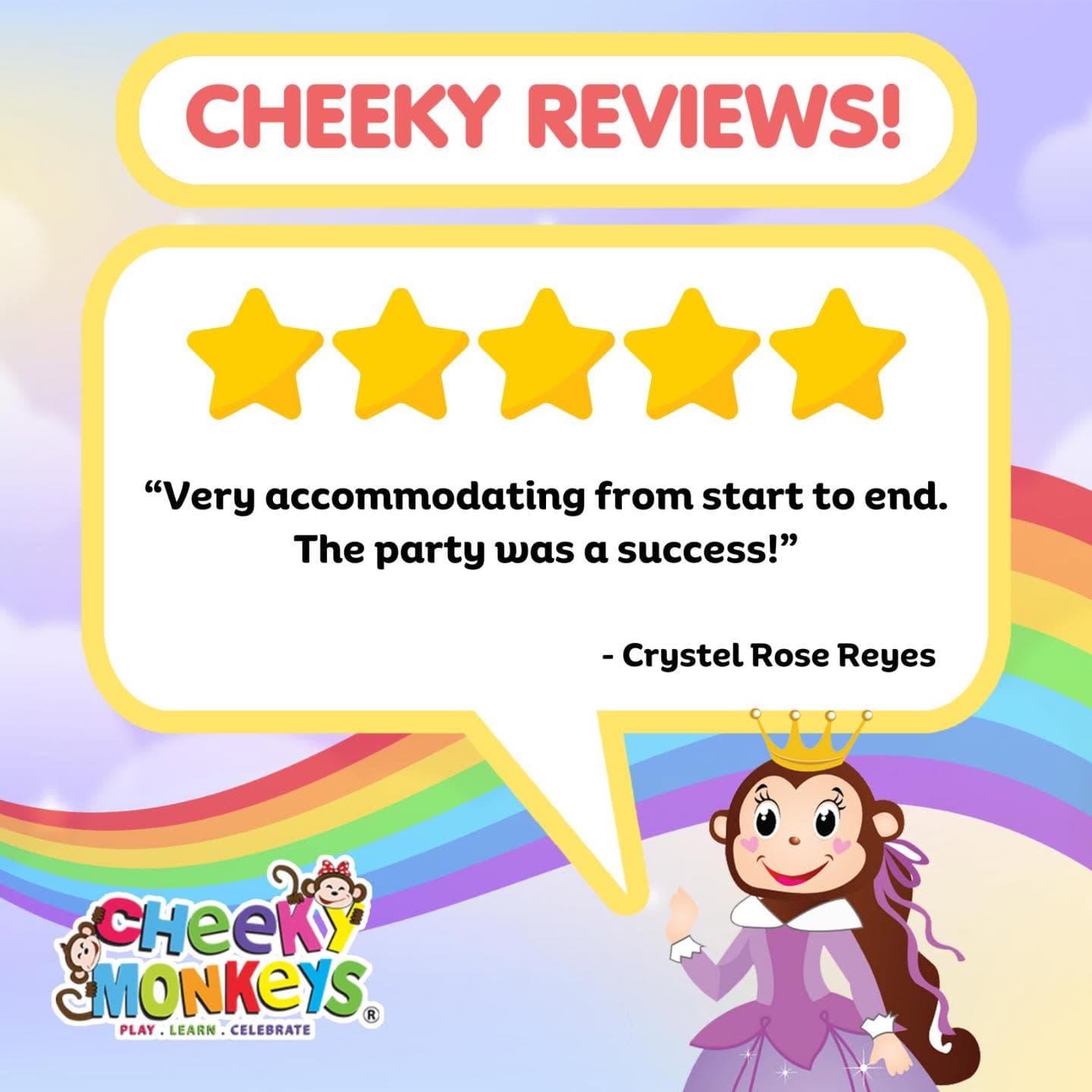 Cheeky Reviews card: a five-star review from Crystel Rose Reyes