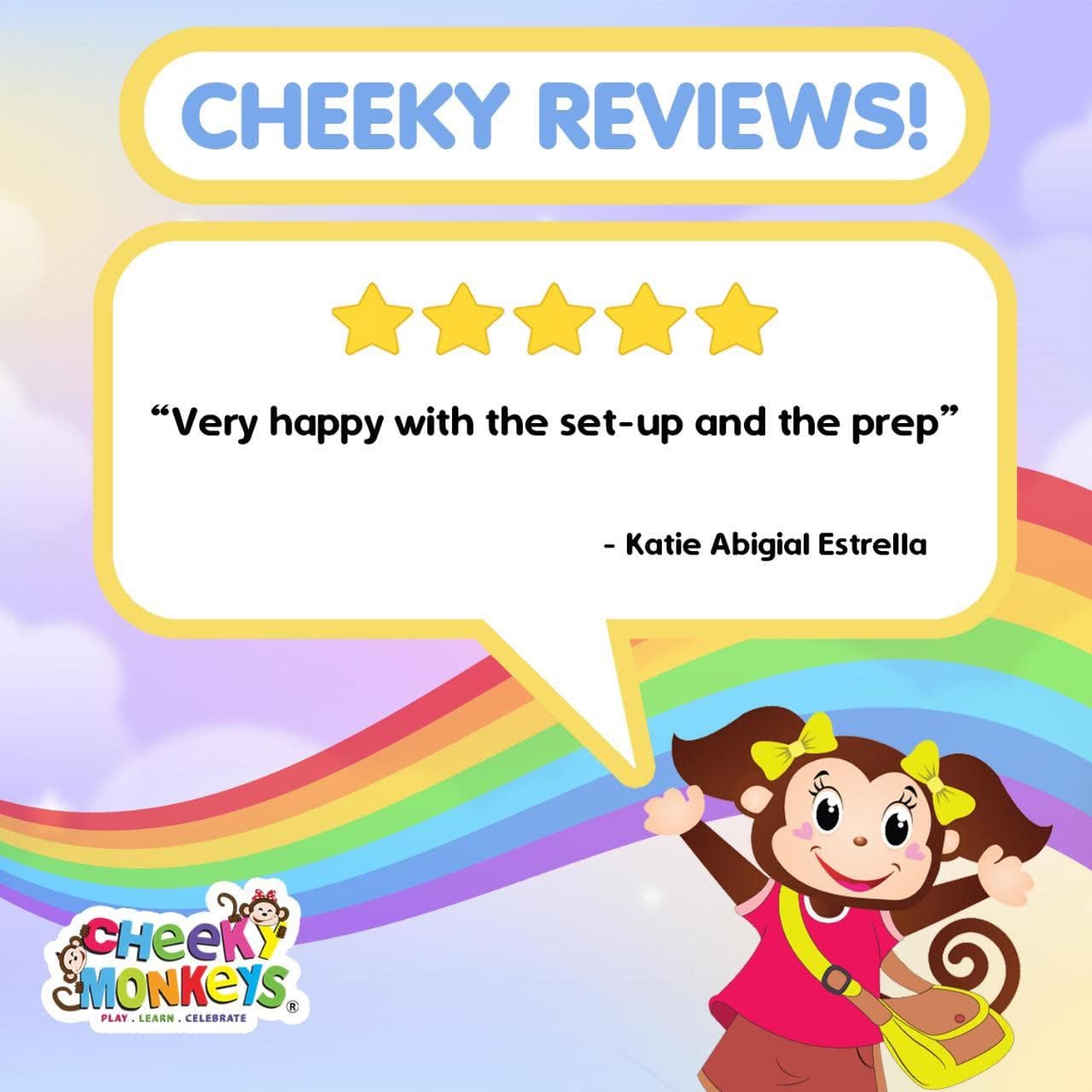 Cheeky Reviews card: a five-star review from Katie Abigial Estrella