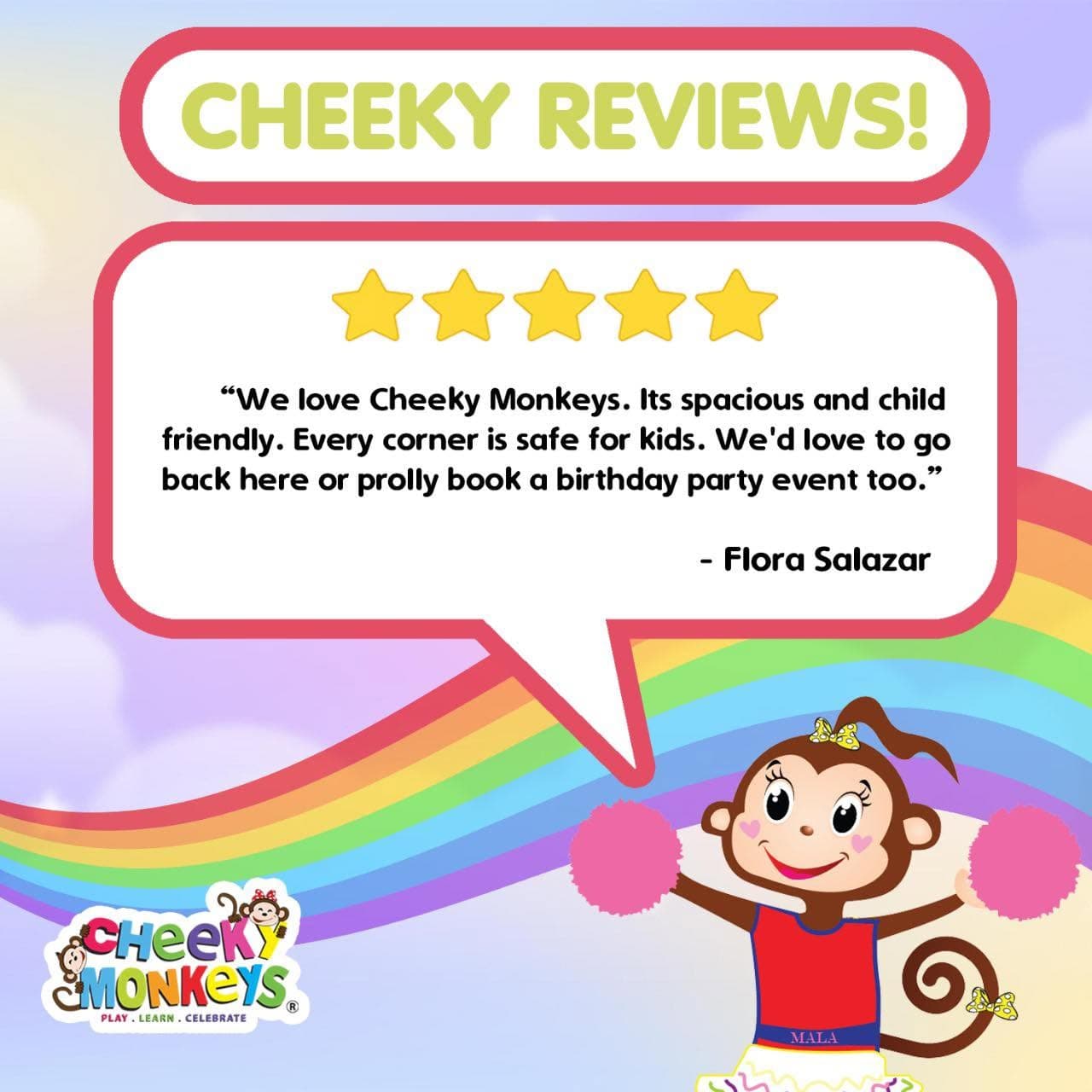 Cheeky Reviews card: a five-star review from Flora Salazar
