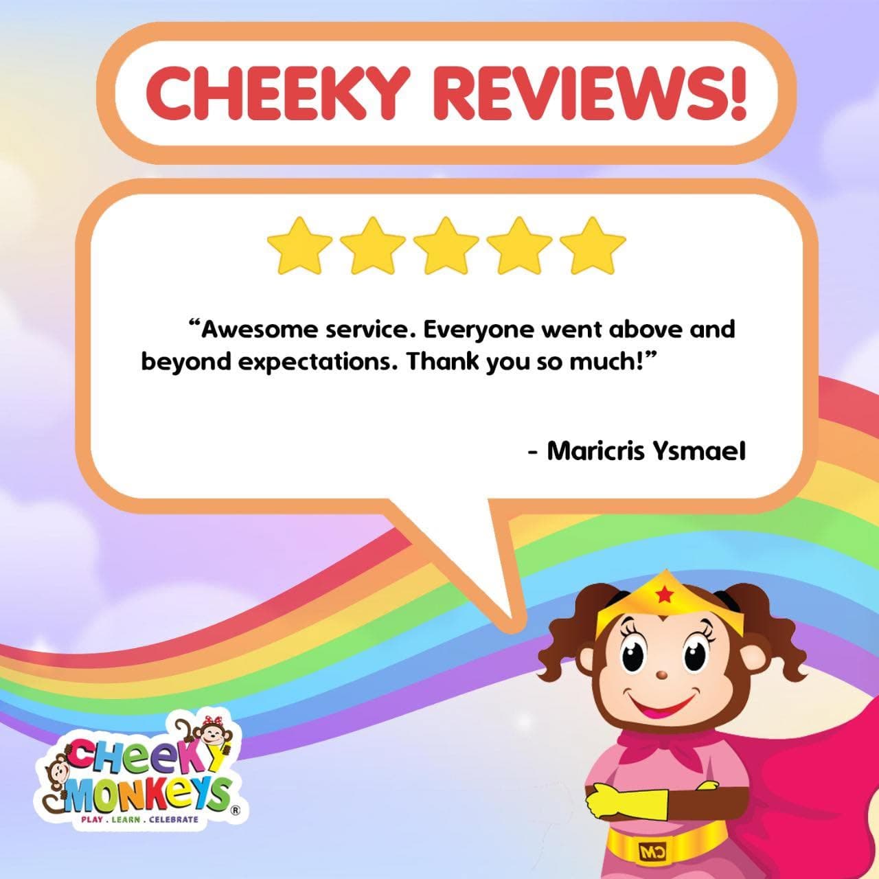 Cheeky Reviews card: a five-star review from Maricris Ysmael