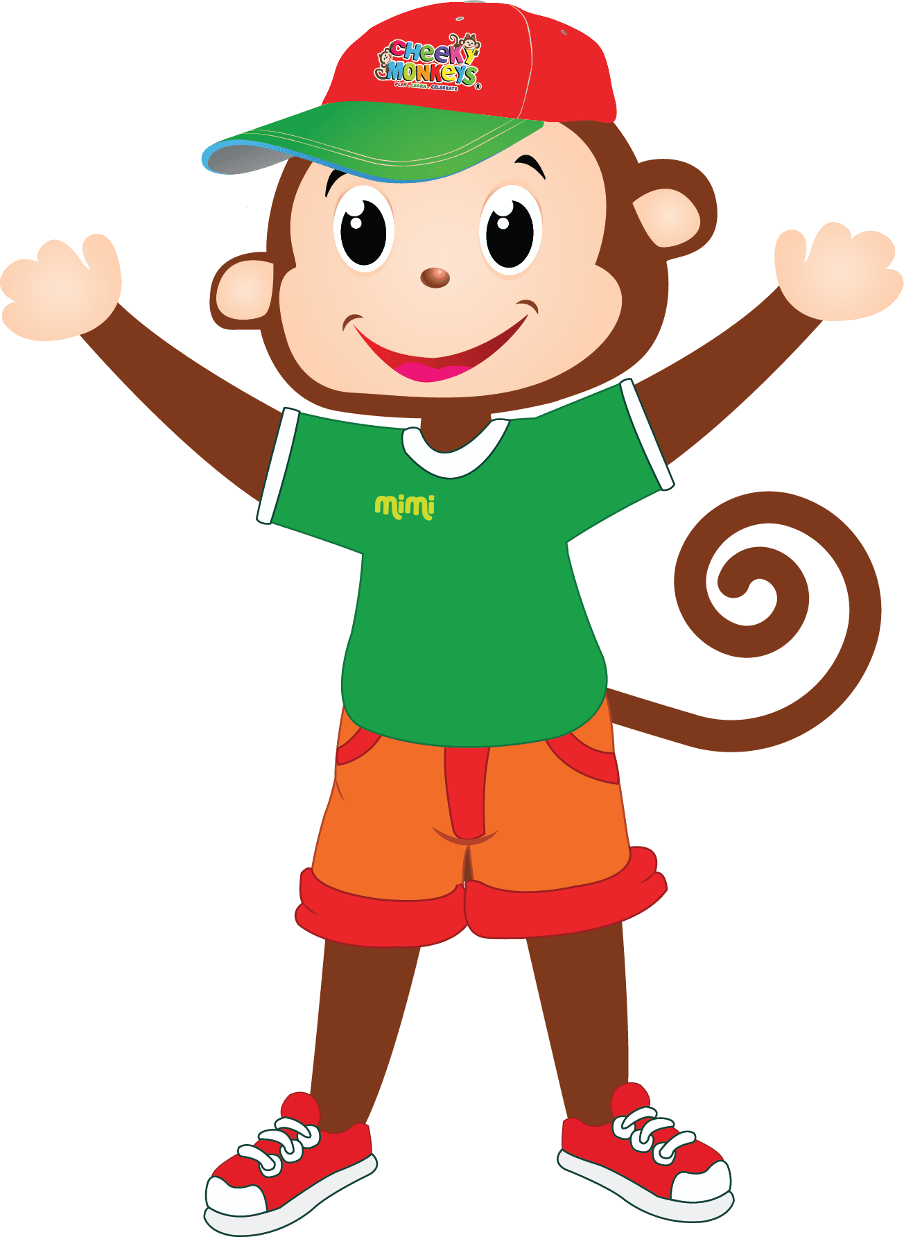 Mimi the Cheeky Monkeys mascot waving hello in a cap and green shirt