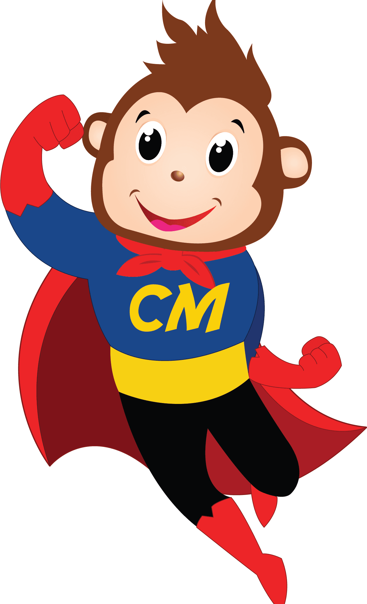 A Cheeky Monkeys superhero character flying in a red cape