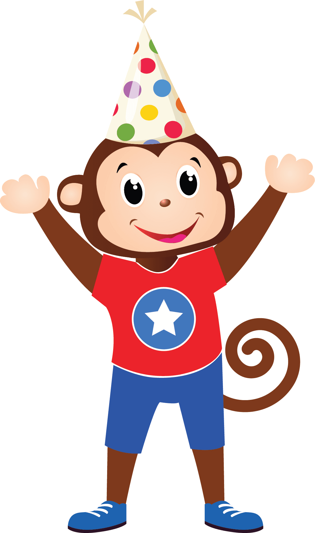 A Cheeky Monkeys character cheering in a party hat