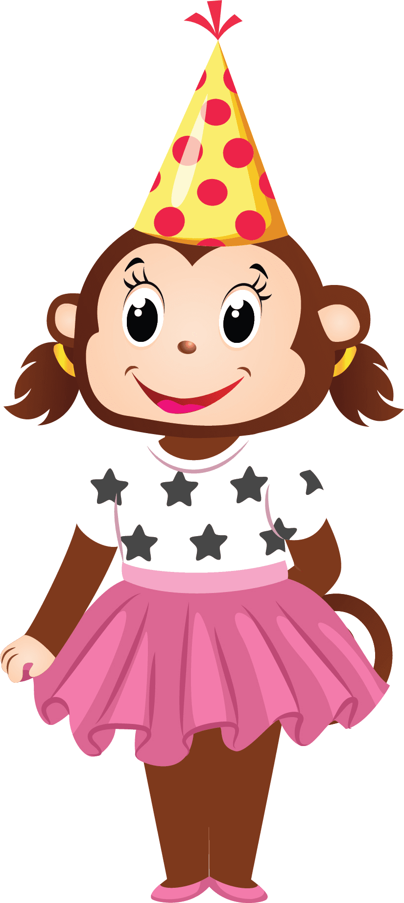 A Cheeky Monkeys character in a party hat and a pink tutu