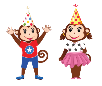 Two Cheeky Monkeys mascots wearing party hats