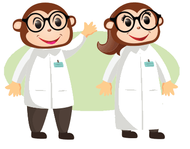 Two Cheeky Monkeys mascots in lab coats and glasses