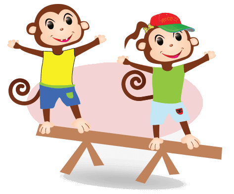 Two Cheeky Monkeys mascots balancing on a see-saw