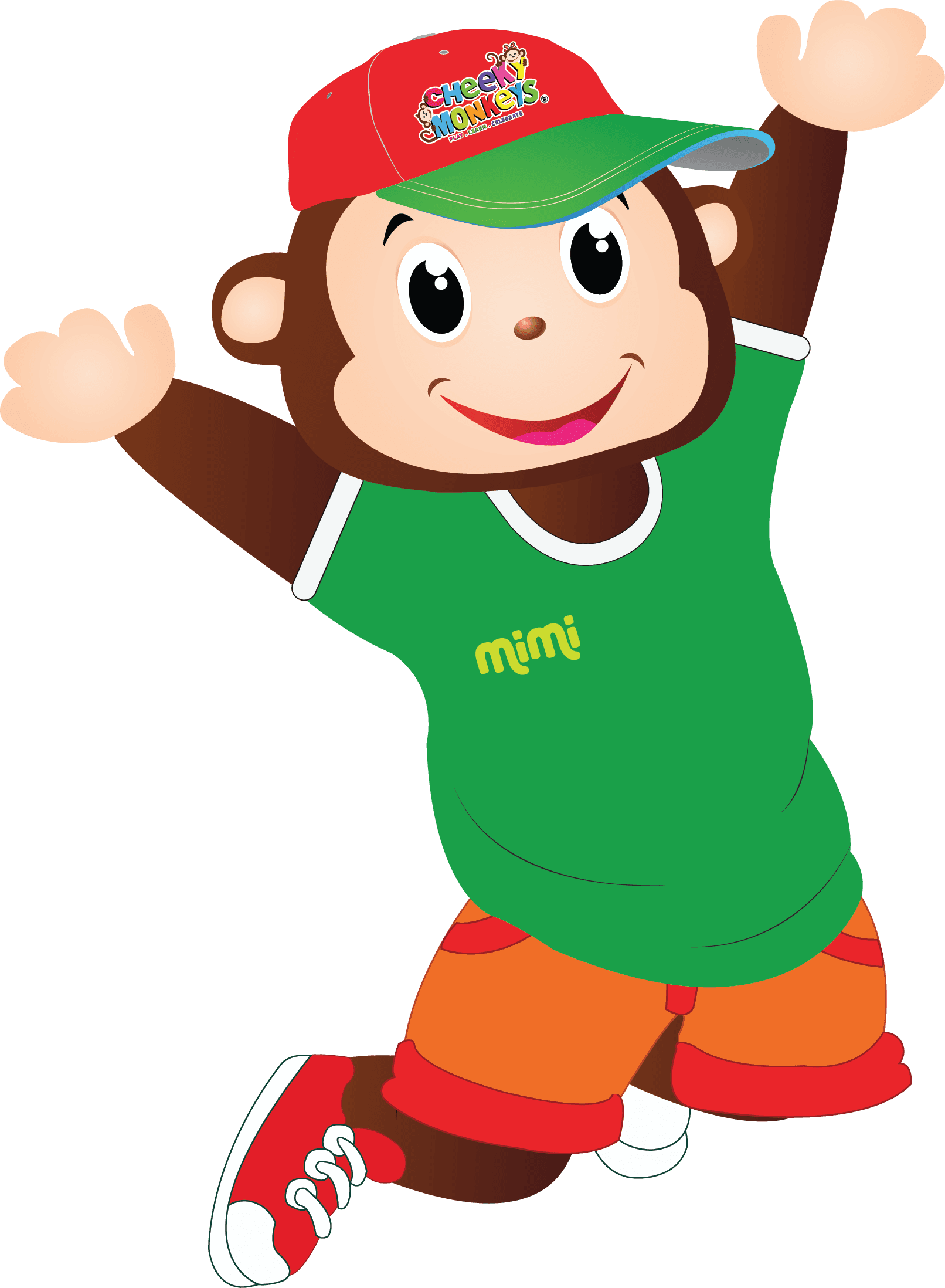 Mimi the Cheeky Monkeys mascot jumping and waving in a cap and green shirt