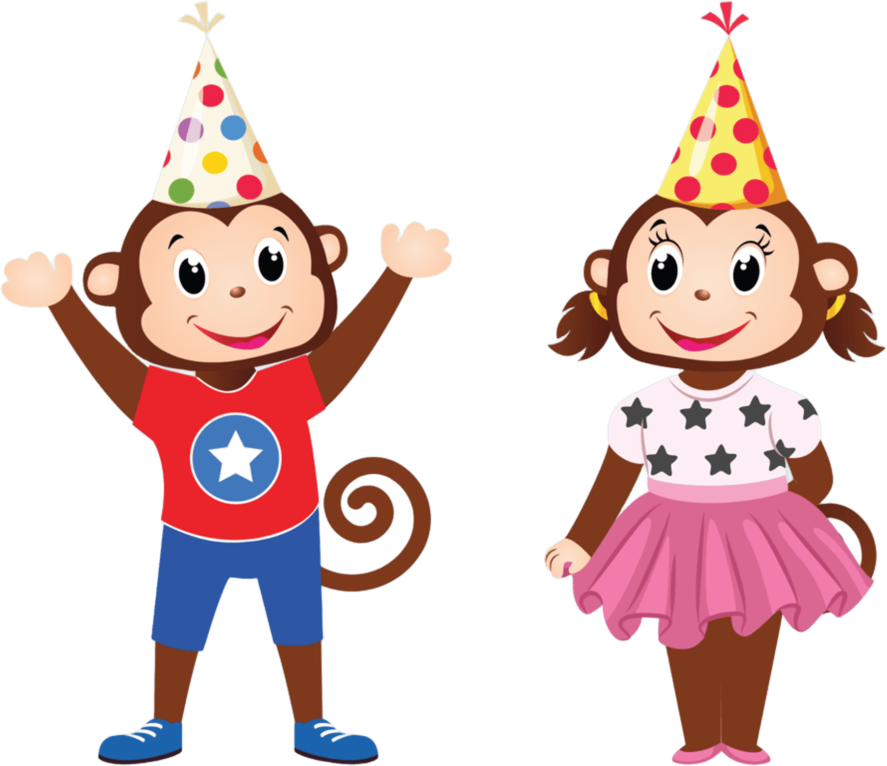 Two Cheeky Monkeys characters cheering in party hats