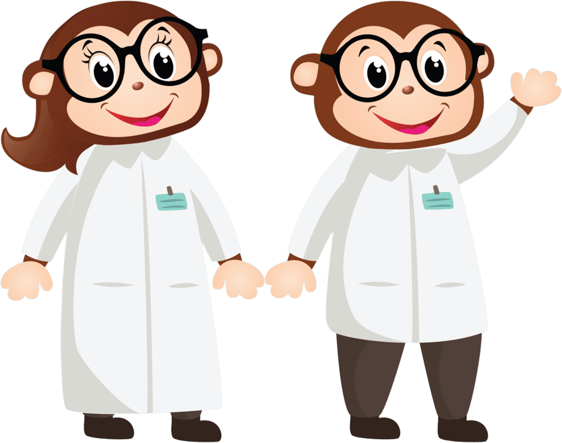 Two Cheeky Monkeys characters in lab coats and glasses, holding hands